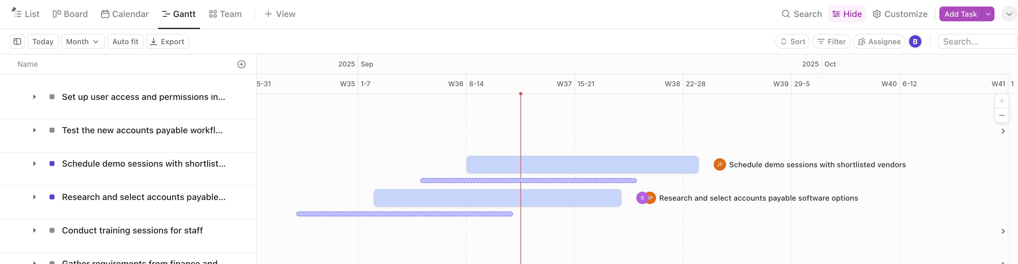 Screenshot of baselines on a Gantt view.